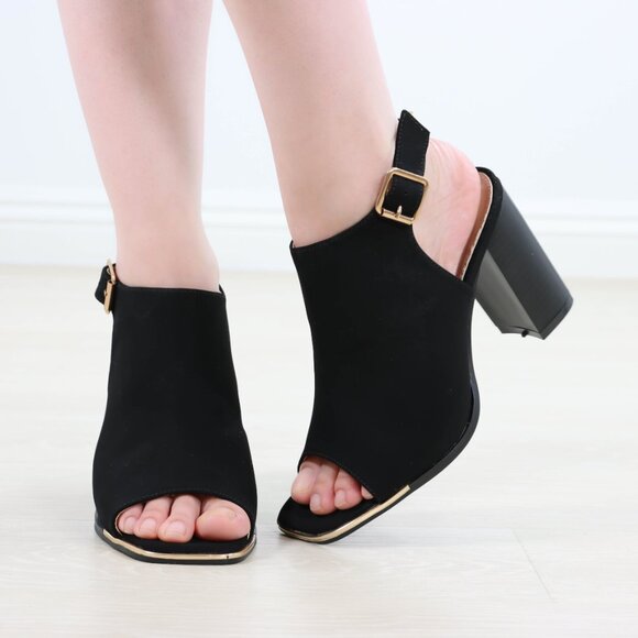 Block Heel Peep Toe Sandals Women’s Black Velvet Gold Buckle Ankle Strap - Picture 4 of 15